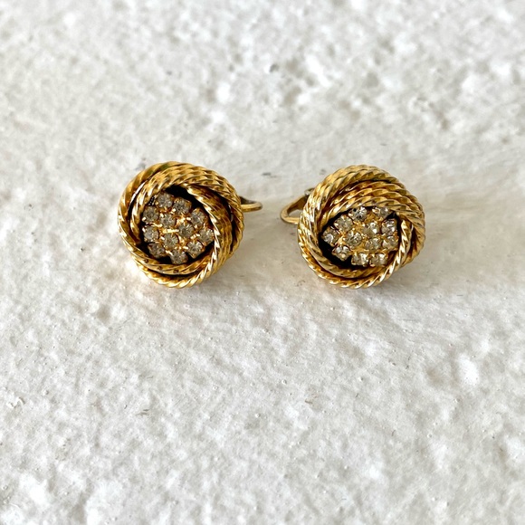 Gold Clip on Earrings Vintage Gold Rope Swirl Rhinestone Clip on Earrings 1950s - Picture 3 of 5